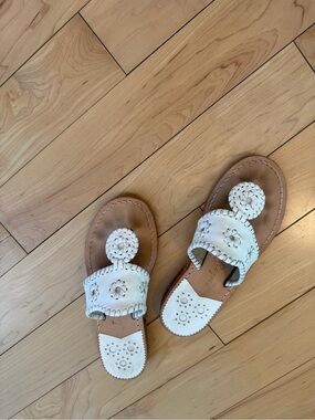 Jack Rogers White Leather Slide Sandals with Floral Medallions